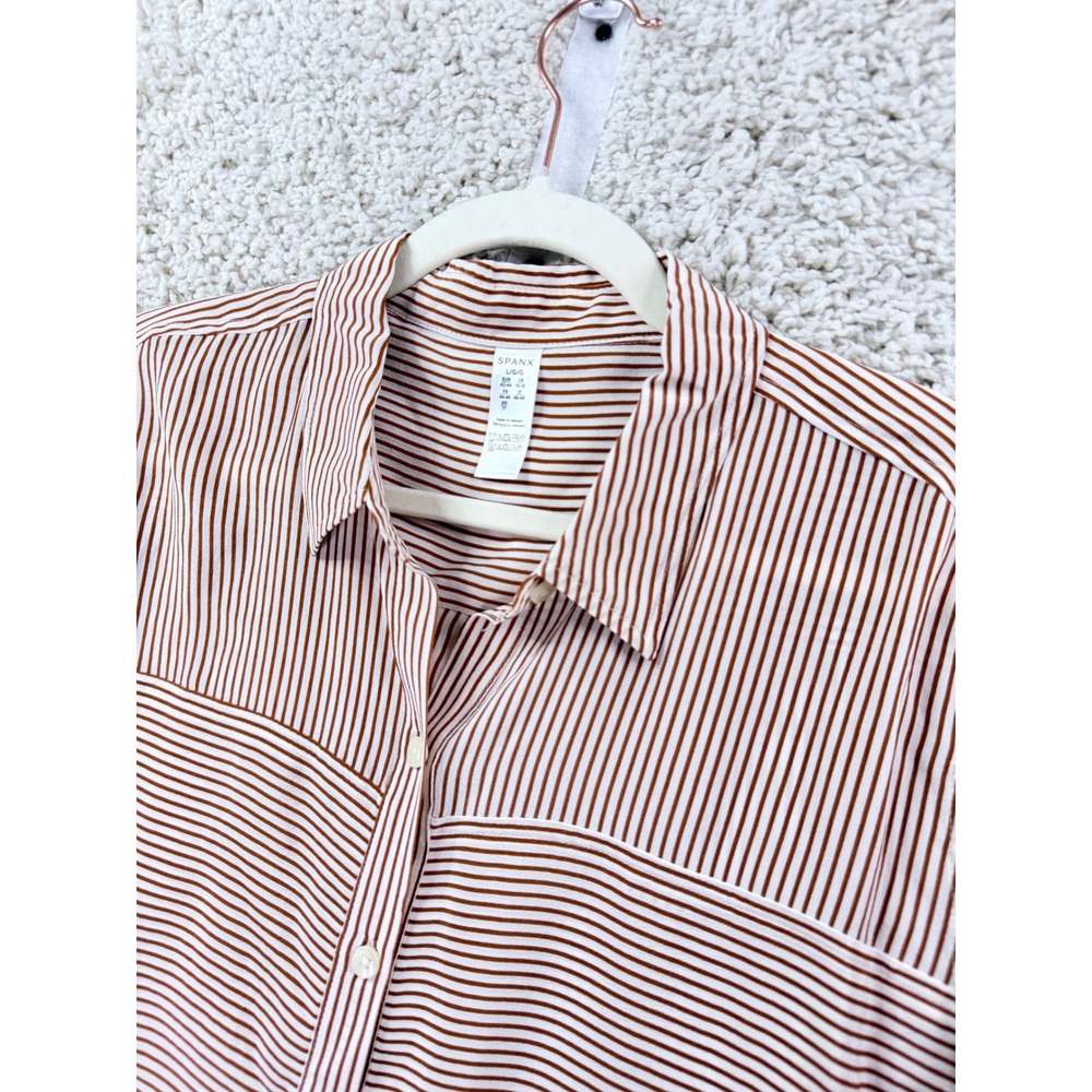 Spanx Button Up Women Large Brown White Striped 100% Silk Long Sleeve Blouse